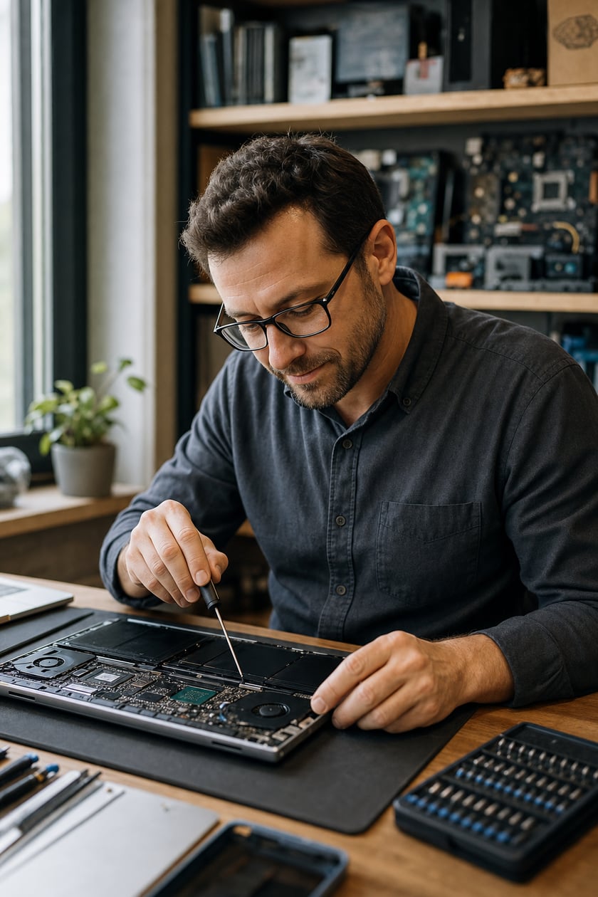 An Advantec Computing technician carefully repairing a laptop at our Tenterden workshop