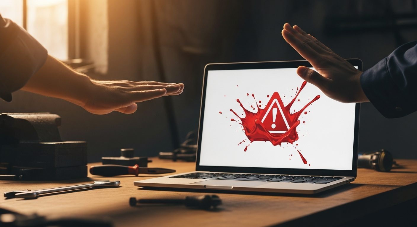 A laptop on a workshop bench showing a generic red warning splash on its screen — the kind of fake security pop-up that locks customers into a panic.