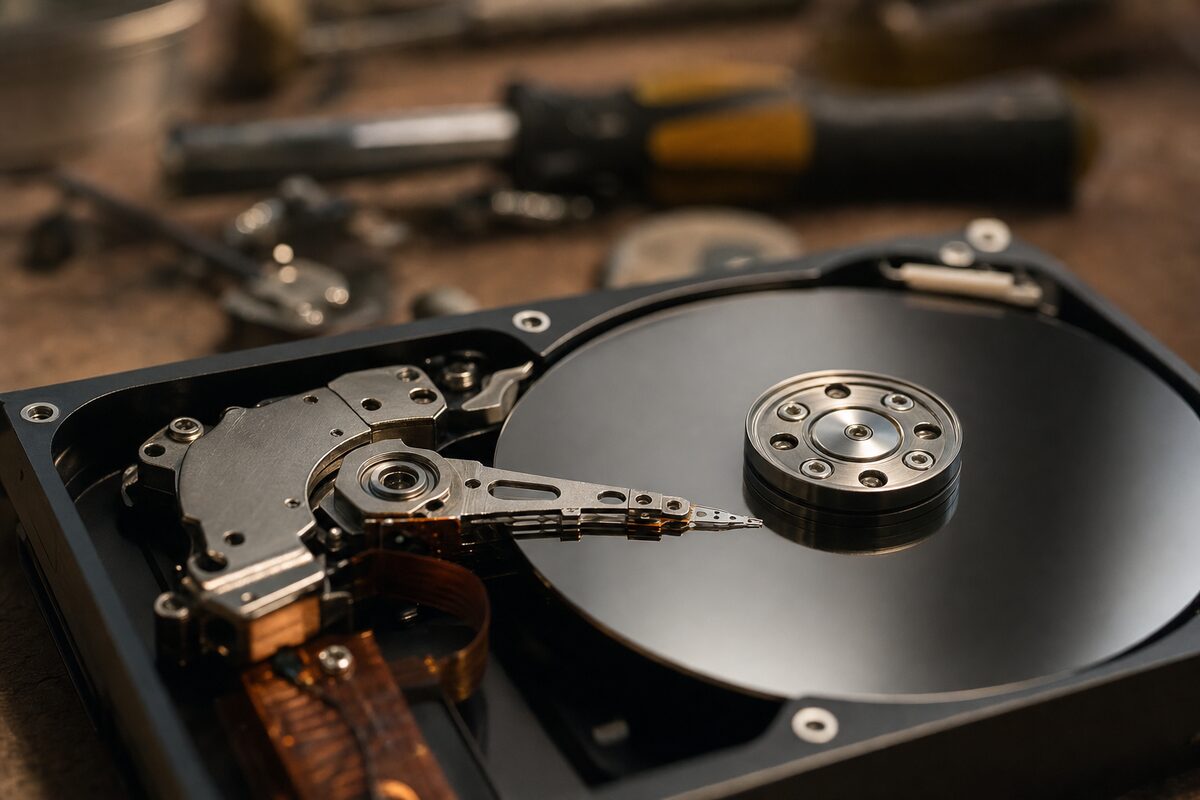 Close-up of an open hard drive showing the read/write head and magnetic platter, with warm workshop lighting