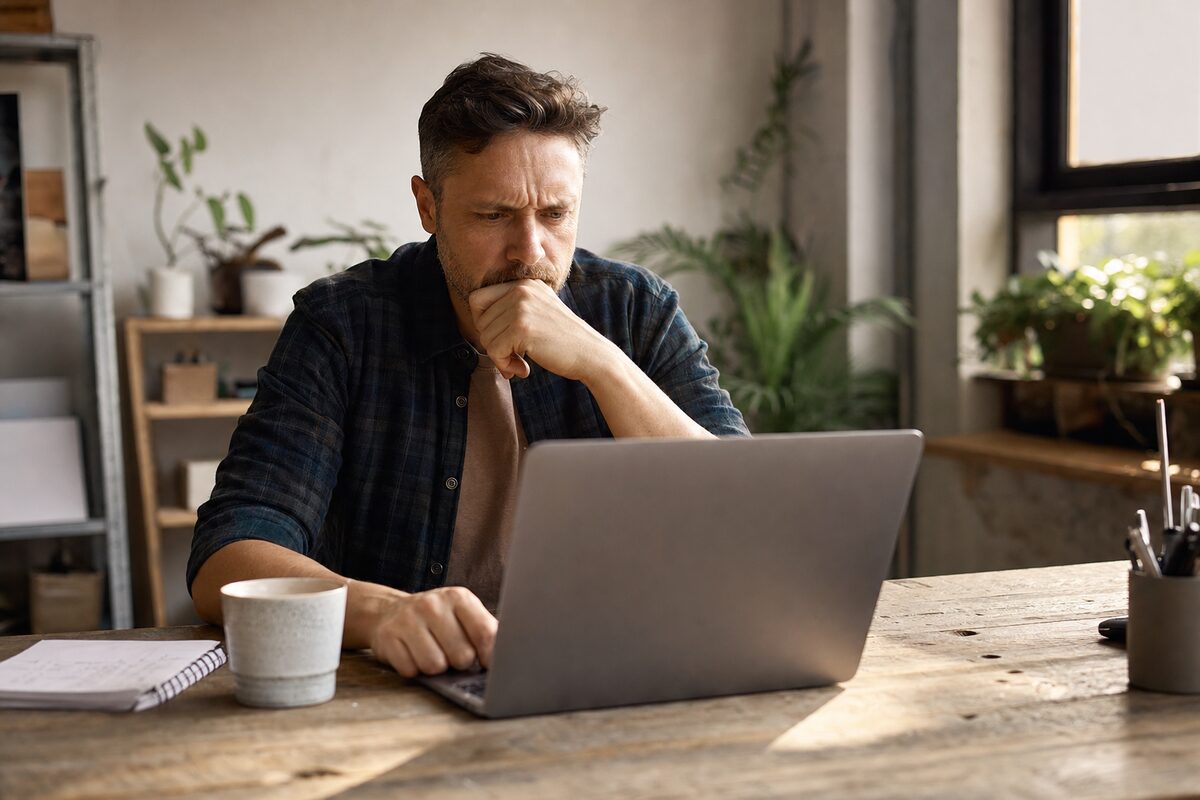 Small business owner reviewing their website on a laptop at a wooden desk, looking thoughtful