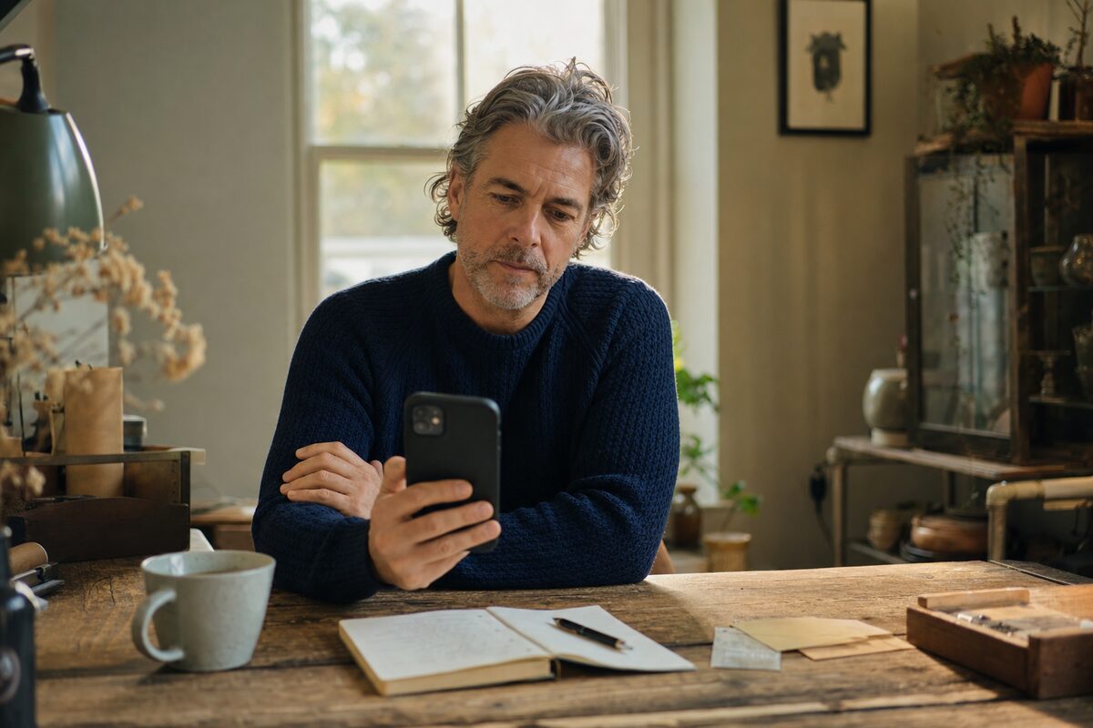 A small business owner looking at their website on a smartphone at a wooden desk, with warm morning light coming through a window