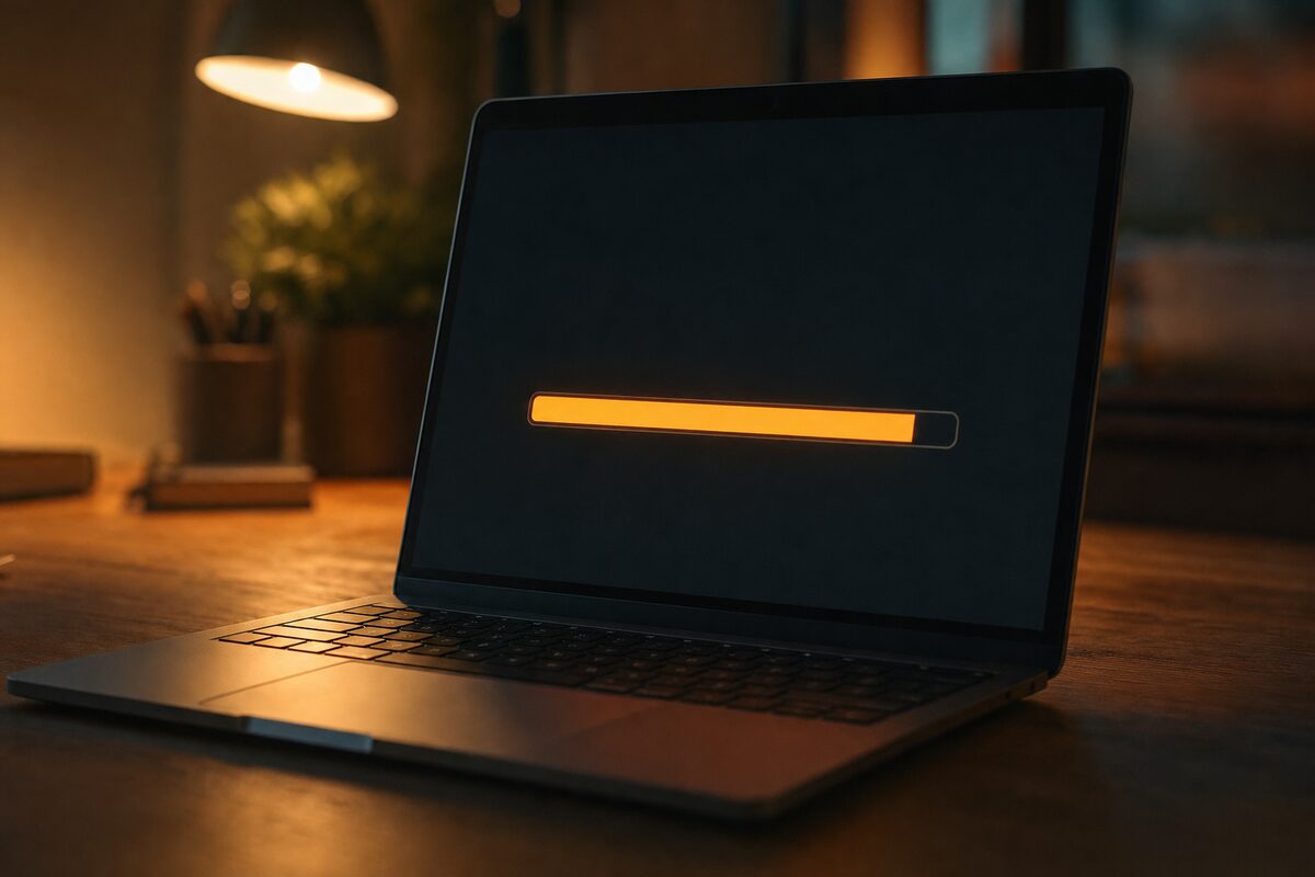 A nearly full hard drive progress bar on a laptop screen, glowing amber in a dimly lit home office