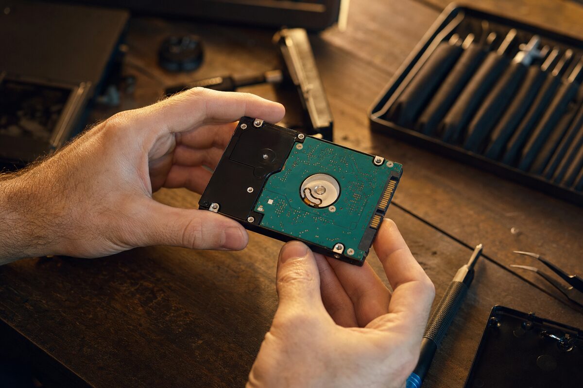 Close-up of a technician holding a partially disassembled laptop hard drive over a workbench, with warm workshop lighting