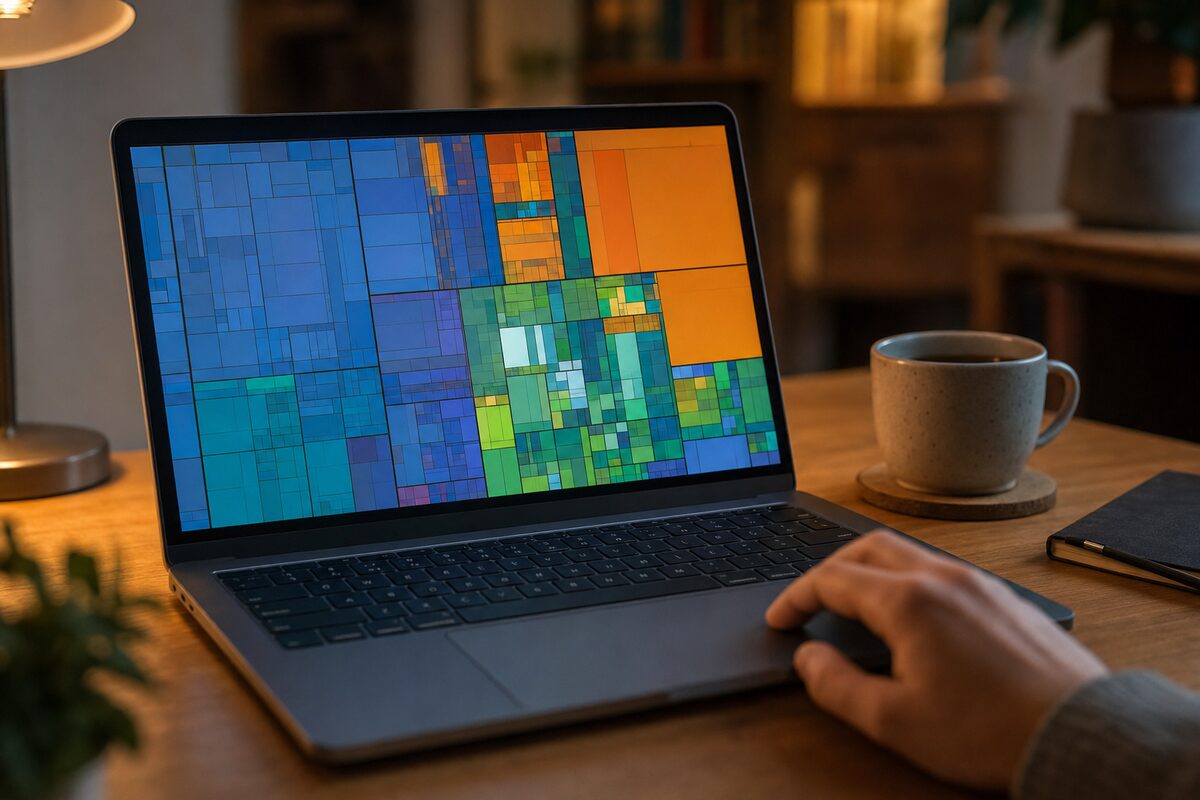 A glowing laptop screen showing a colourful storage visualisation tool, casting light across a tidy wooden desk in warm evening light