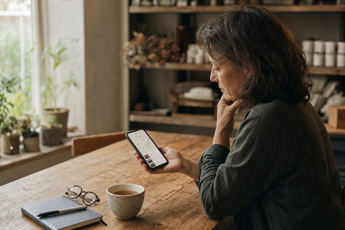 Small business owner checking their Google Maps listing and website on a smartphone at a wooden desk