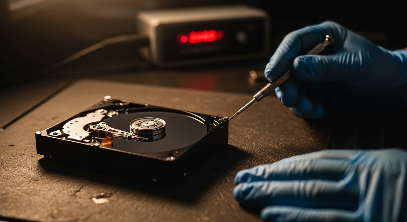 An opened mechanical hard drive being inspected with a precision screwdriver in a workshop, dramatic side-lighting.