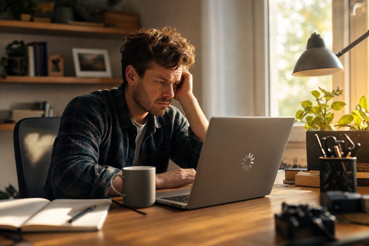 A frustrated person at a desk looking at a slow-loading laptop screen, warm home office lighting