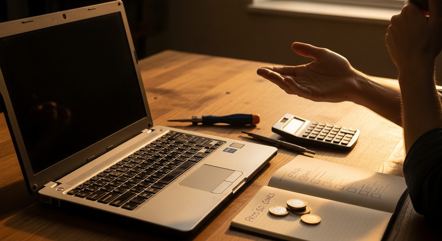 Two laptops side by side on a workshop bench, hands hovering between them — deciding whether to repair or replace.