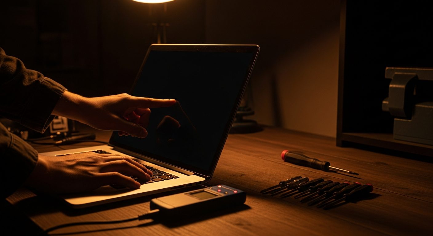 A laptop on a workbench at night, lid open with screen dark, diagnostic LED glowing nearby — the moment of trying to bring it back to life.