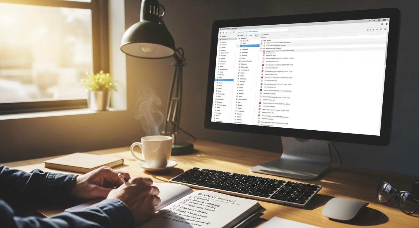 A calm workshop desk with monitor showing an email inbox, a steaming mug of tea and a handwritten checklist.