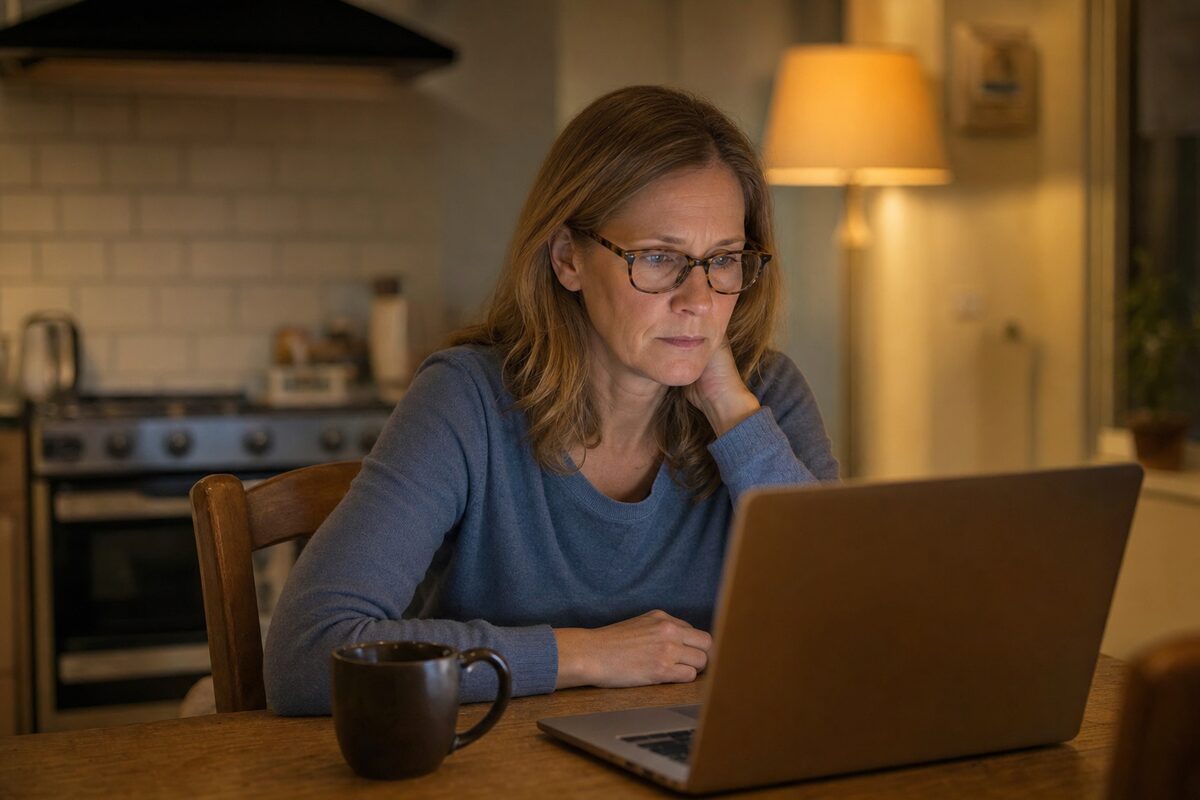 A person sitting at a kitchen table with a laptop open, looking thoughtful, warm evening light through a window