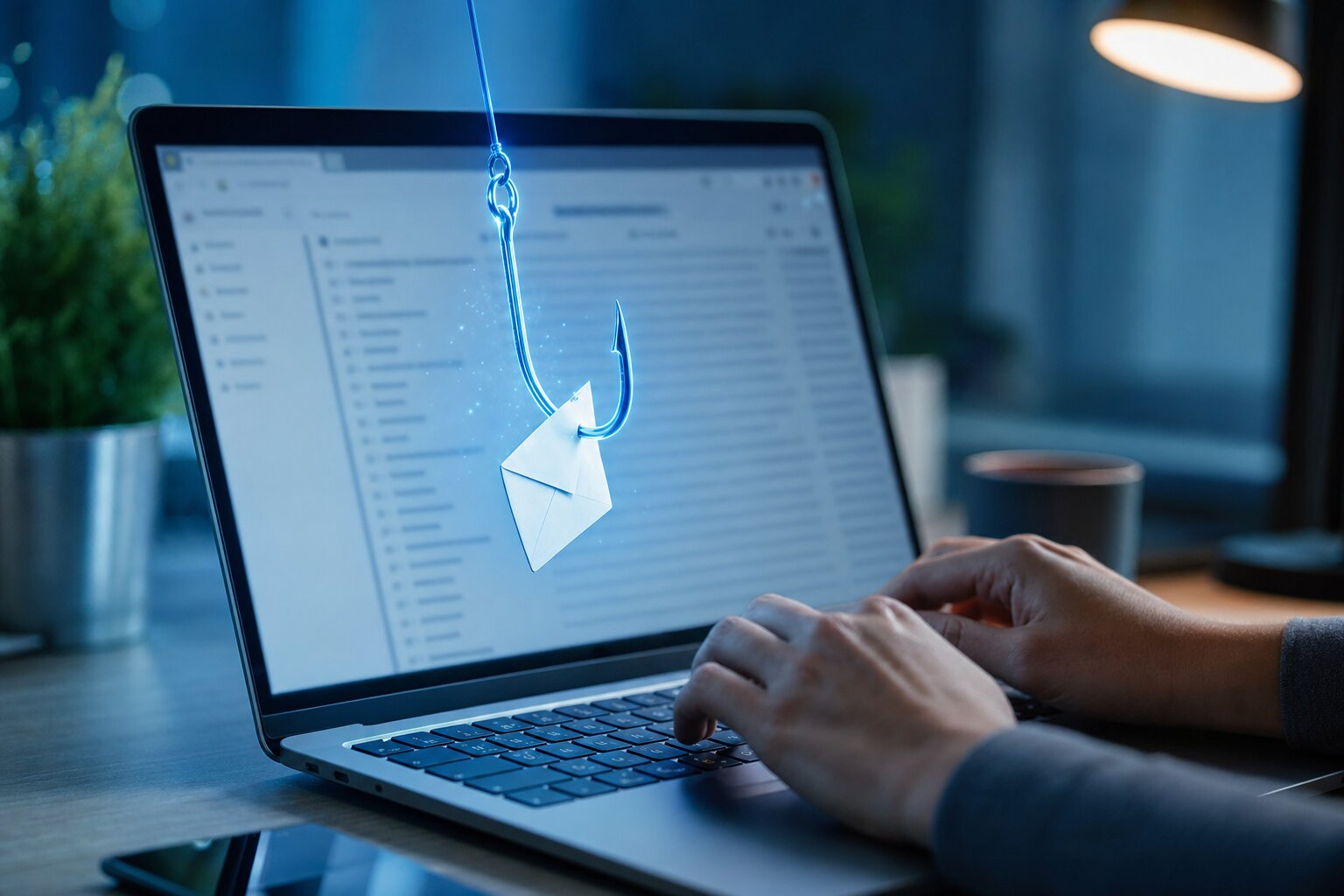 A laptop inbox with a convincing fake invoice email and a glowing fish-hook through it — the modern face of phishing.
