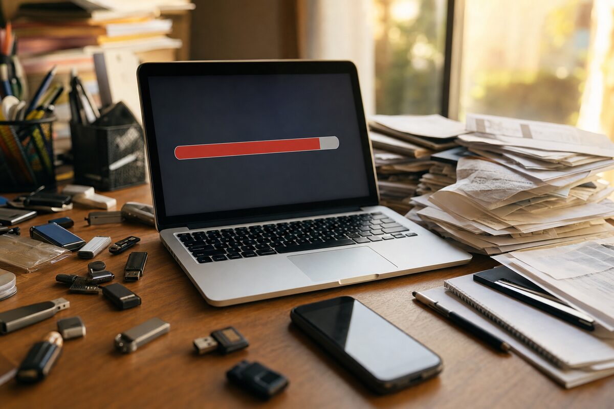 A cluttered desk with a laptop showing a nearly-full storage bar on screen, surrounded by stacked papers and forgotten USB drives