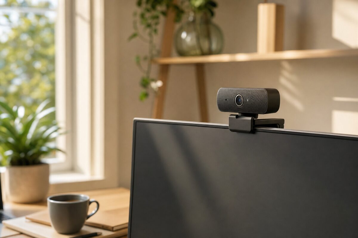 A compact Logitech webcam clipped to a monitor in a tidy home office, warm morning light coming through a nearby window