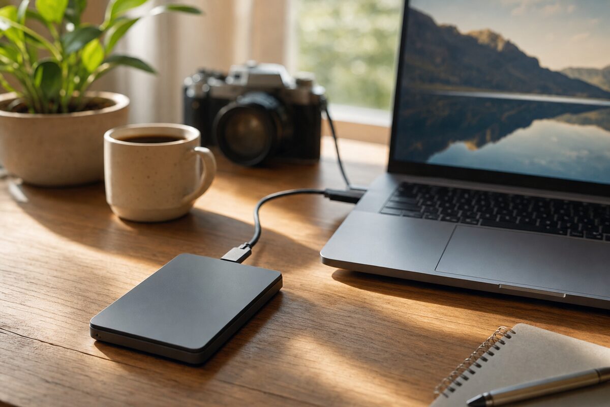 A compact WD My Passport portable hard drive sitting next to a laptop on a wooden desk, with morning light casting a soft shadow