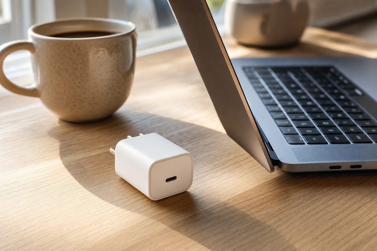 A compact GaN USB-C laptop charger beside a slim laptop on a wooden desk, with warm morning light