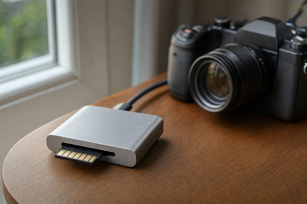 A compact aluminium card reader on a wooden desk beside a digital camera and an SD card, warm natural window light