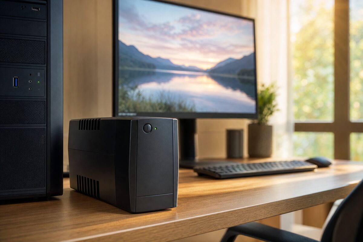 A compact APC UPS unit plugged in beside a desktop PC on a tidy home office desk, with warm afternoon light from a nearby window