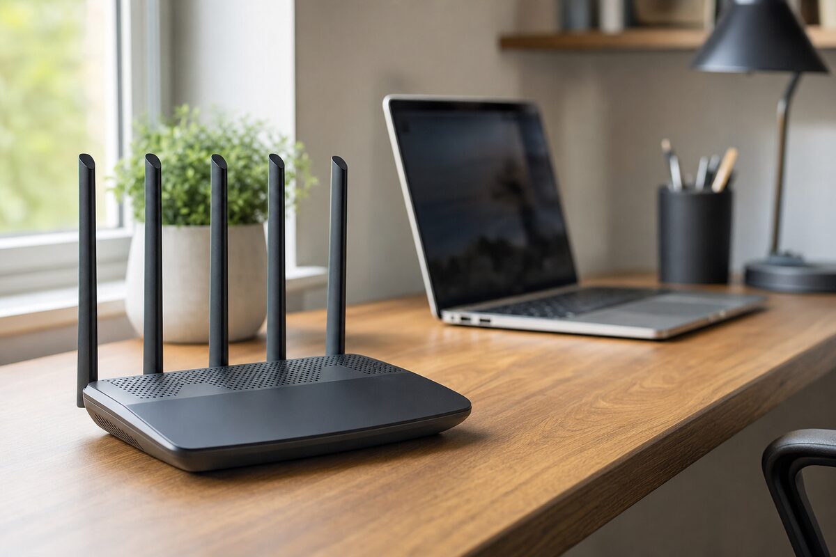 A modern dual-band Wi-Fi router with four antennas sitting on a wooden desk beside a laptop in a small home office, warm natural light from a window