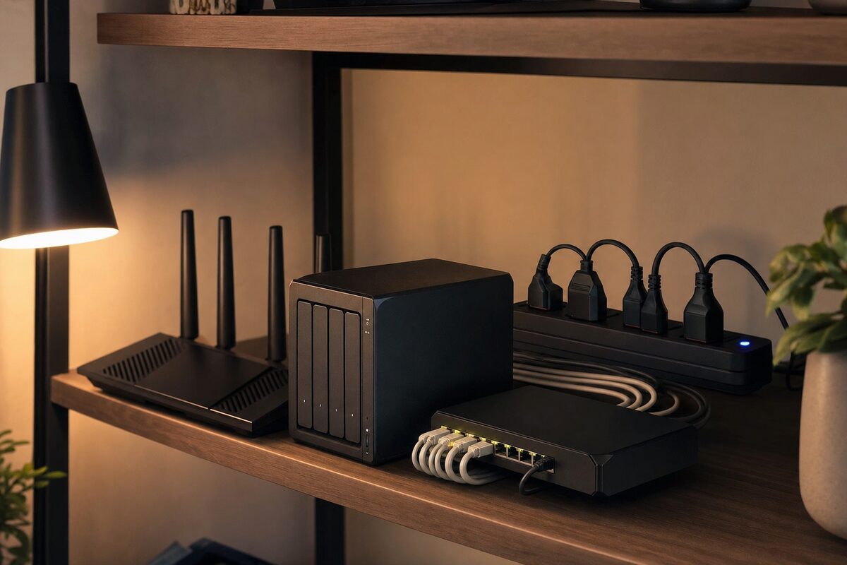 A tidy home office corner with a router, NAS drive and network switch all plugged into a surge-protected power strip on a wooden shelf