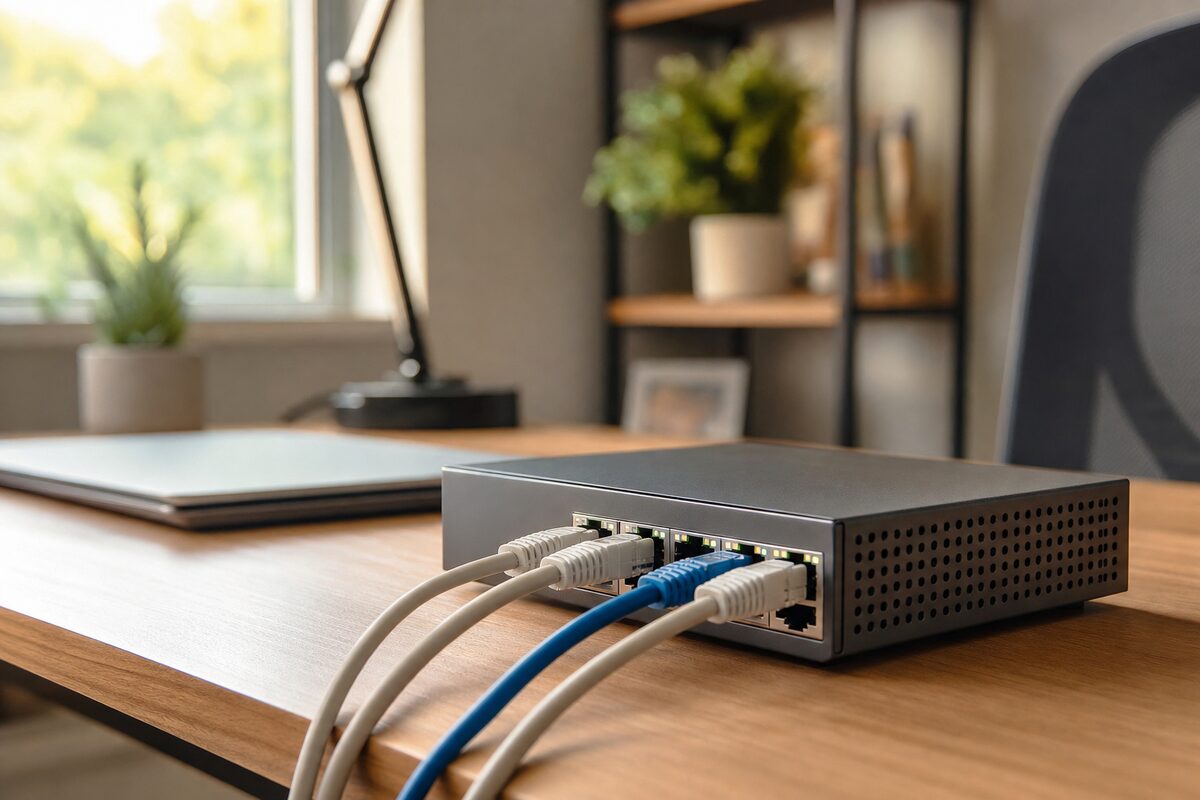 A tidy home office desk with ethernet cables neatly plugged into a small metal network switch, warm natural light from a window