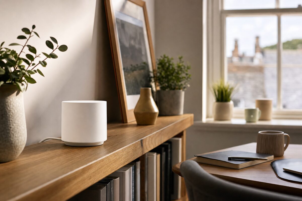 A compact white mesh Wi-Fi node sitting on a wooden shelf in a bright home office, with warm afternoon light coming through the window