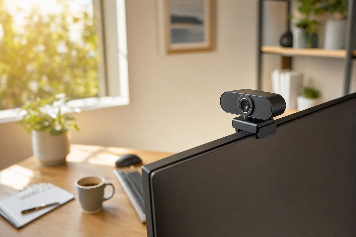 A Logitech C920s webcam clipped to a monitor in a bright, tidy home office, with warm natural light from a nearby window