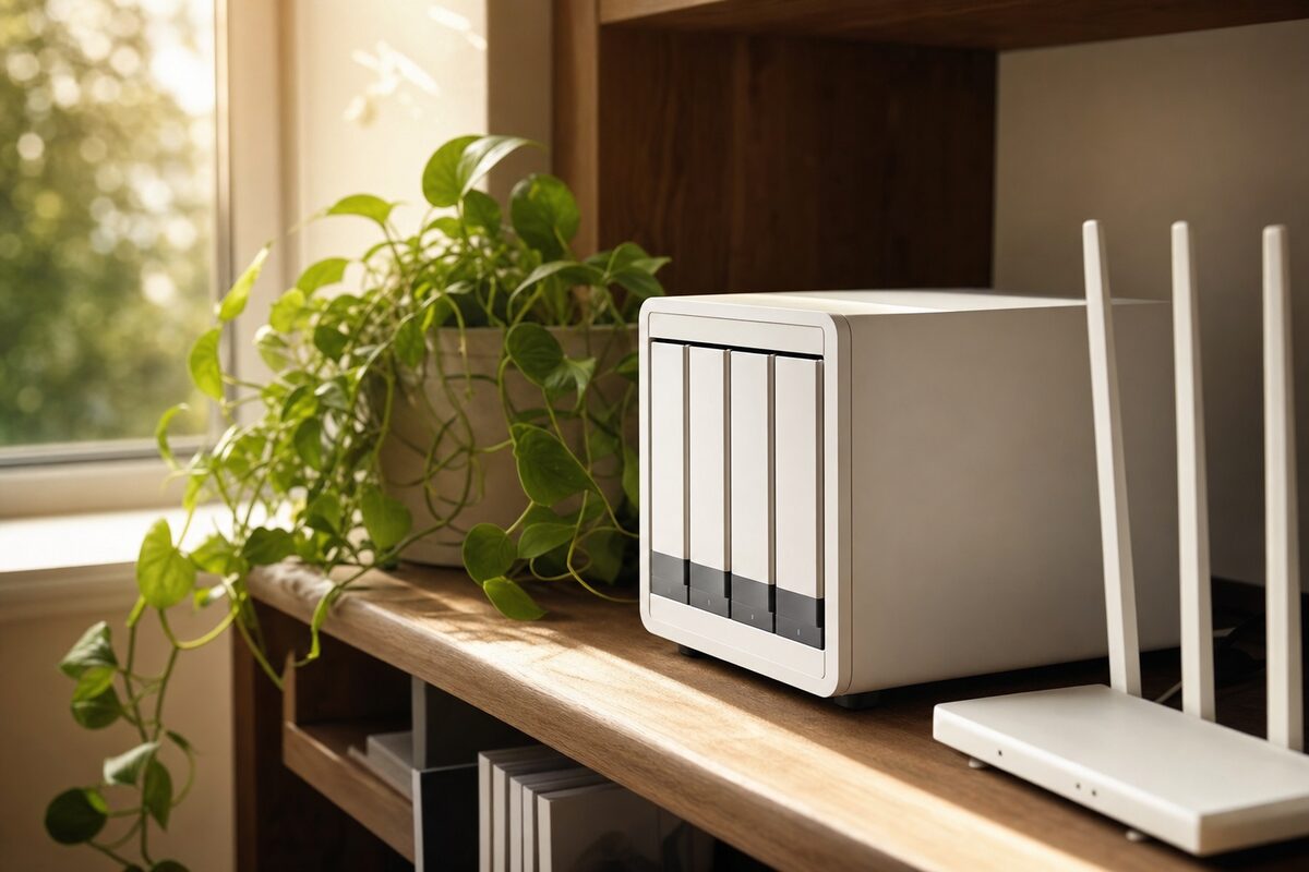 A small Synology NAS enclosure sitting on a home office shelf next to a router, with soft warm lighting