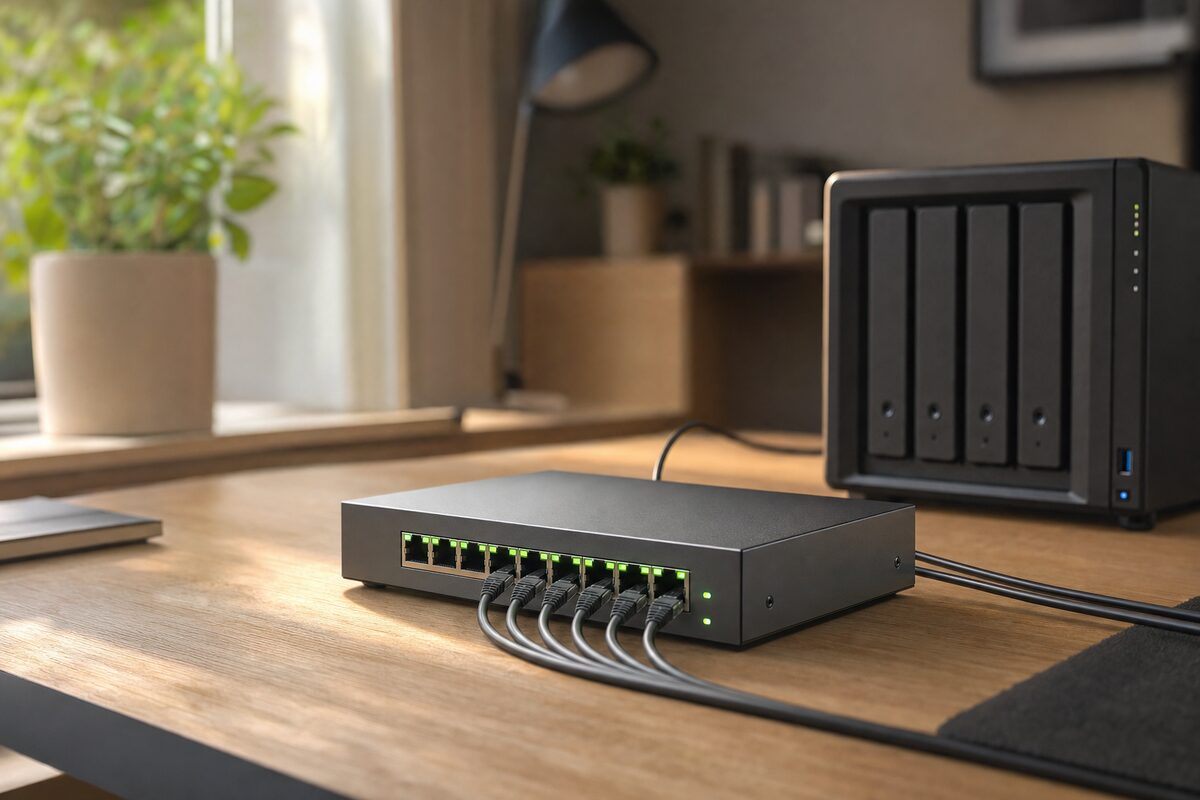 A compact managed network switch with glowing green port indicator lights sitting on a tidy home office desk beside a NAS drive and a laptop