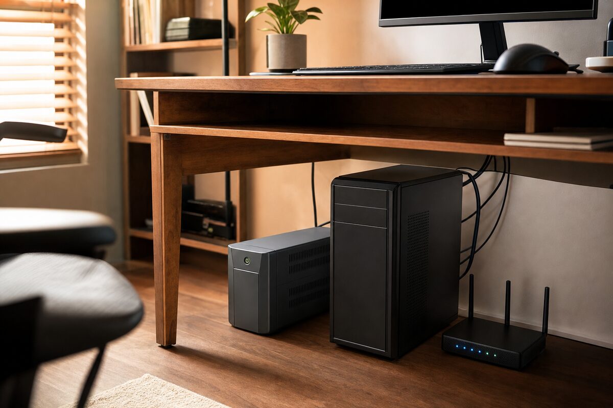 APC Back-UPS 600VA unit sitting neatly under a home office desk beside a desktop PC and router