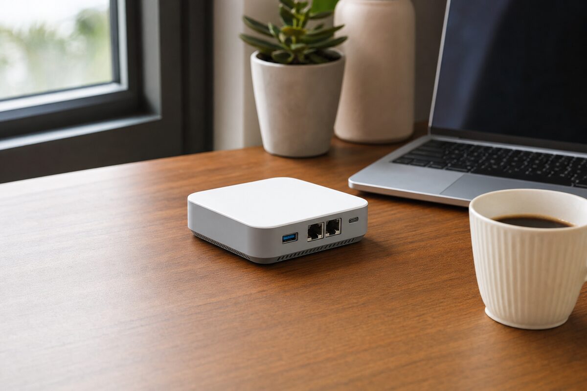 A compact GL.iNet Beryl AX travel router sitting on a wooden desk next to a laptop and a coffee cup, soft natural window light