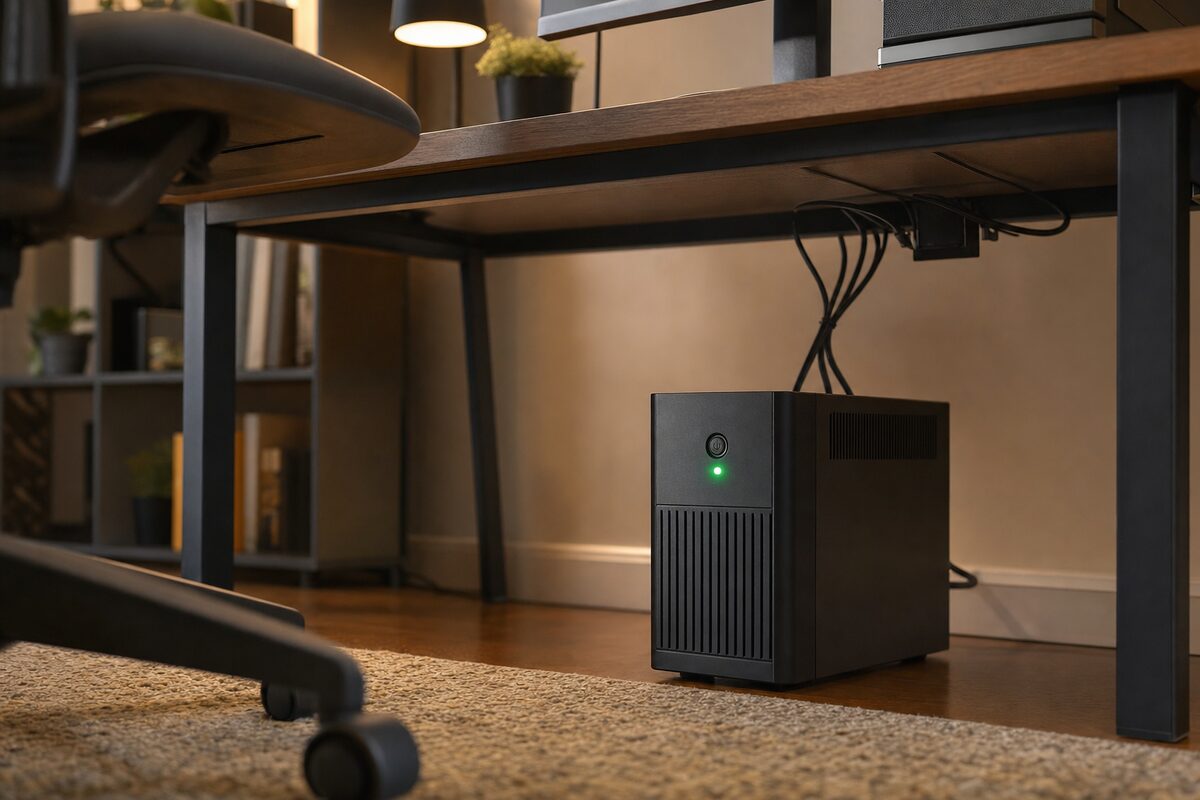 A black UPS unit sitting neatly under a home office desk, green LED glowing, cables running to a desktop PC and monitor