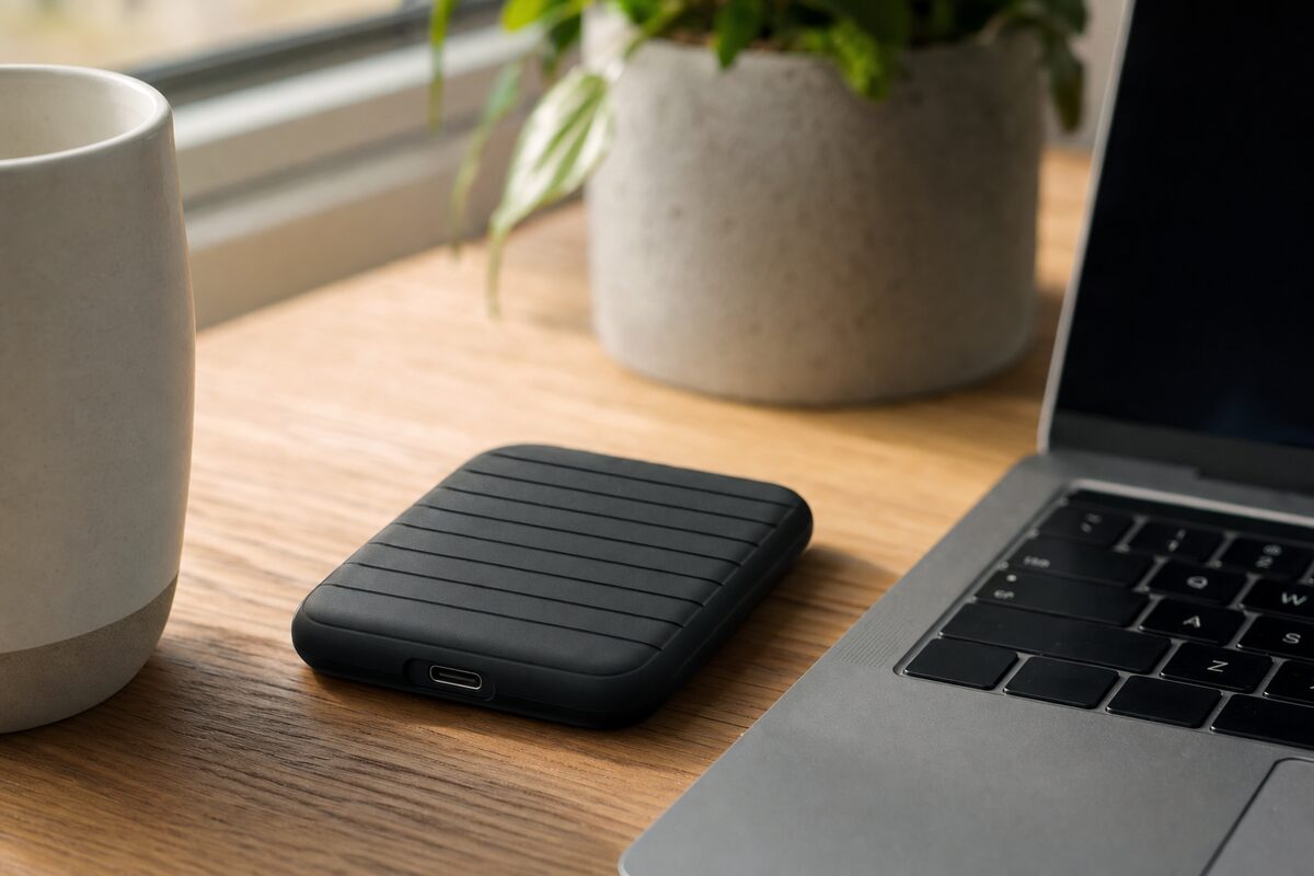 A small black Samsung T9 portable SSD resting on a wooden desk next to a laptop and a cup of coffee, with warm morning light