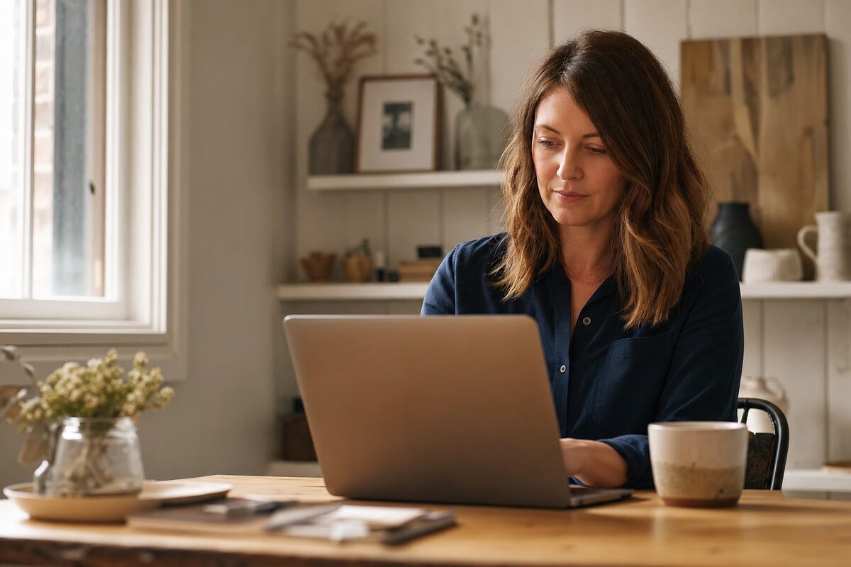 A small business owner reviewing their website on a laptop at a tidy wooden desk, warm morning light coming through a window