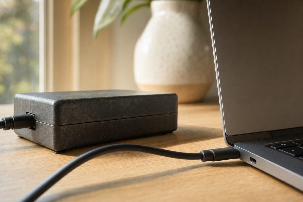 A laptop charging cable plugged in on a wooden desk, with warm natural light and a slightly worn charger brick visible
