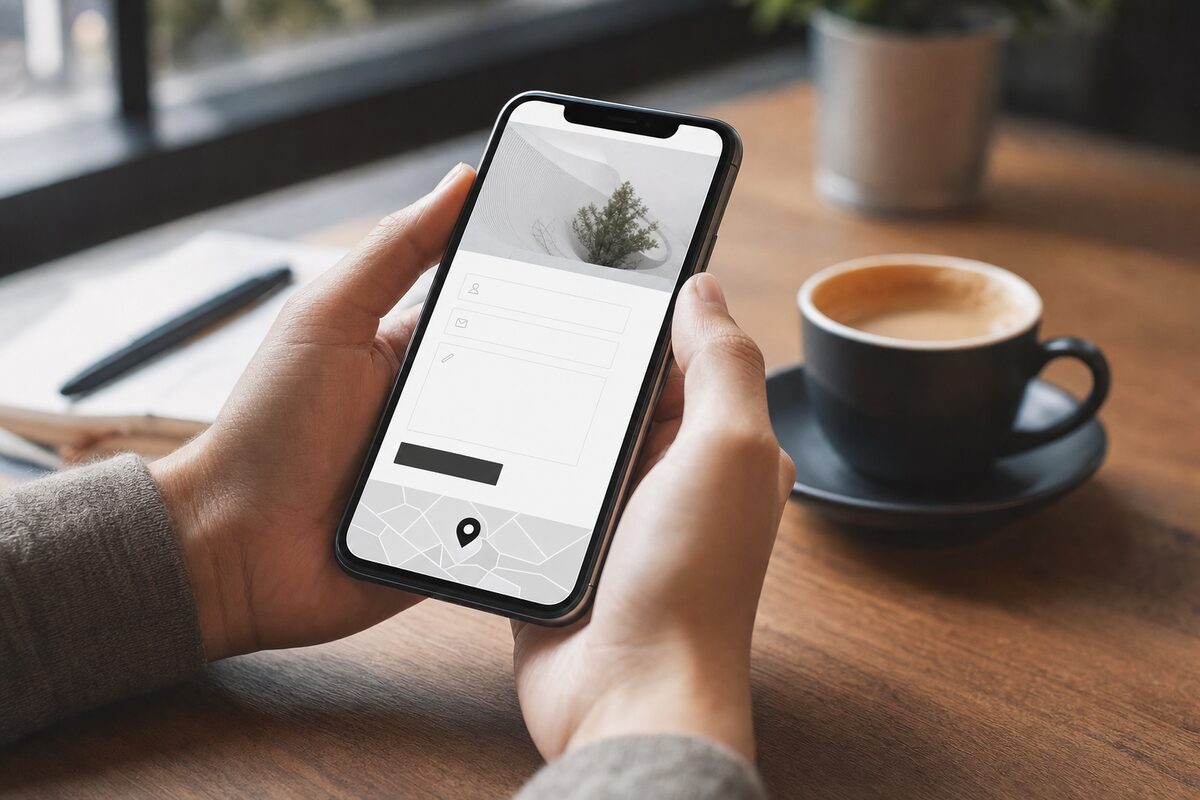 A person on a smartphone browsing a small business website contact page at a wooden desk, with warm morning light