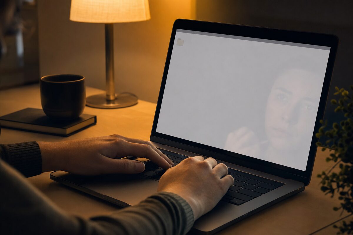 A person staring anxiously at a laptop screen showing an empty folder, warm desk lamp light, late evening atmosphere