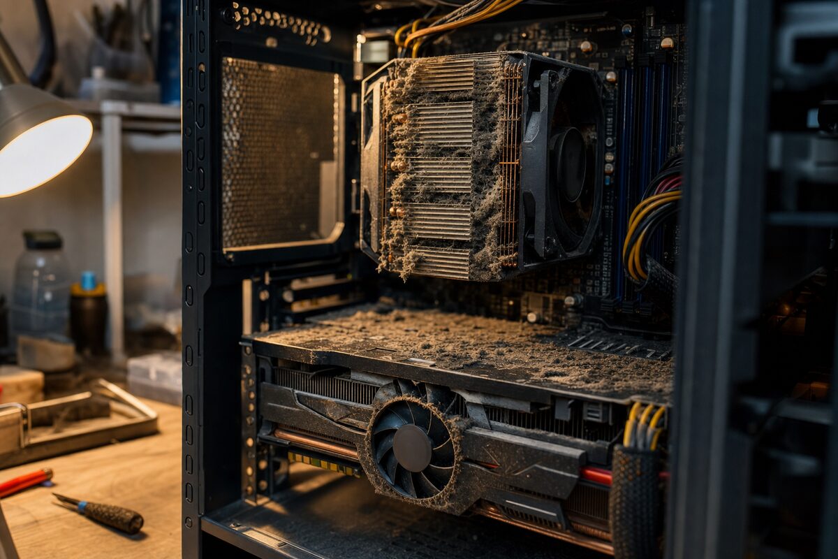 Inside a dusty desktop PC tower with clogged fans and heatsink, lit by a workshop lamp on a repair bench