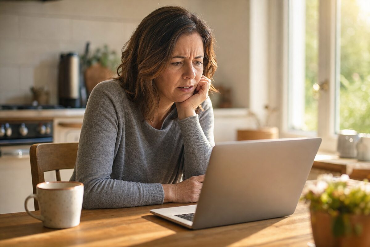 A person looking puzzled at a laptop screen showing an empty email inbox, warm natural light from a nearby window