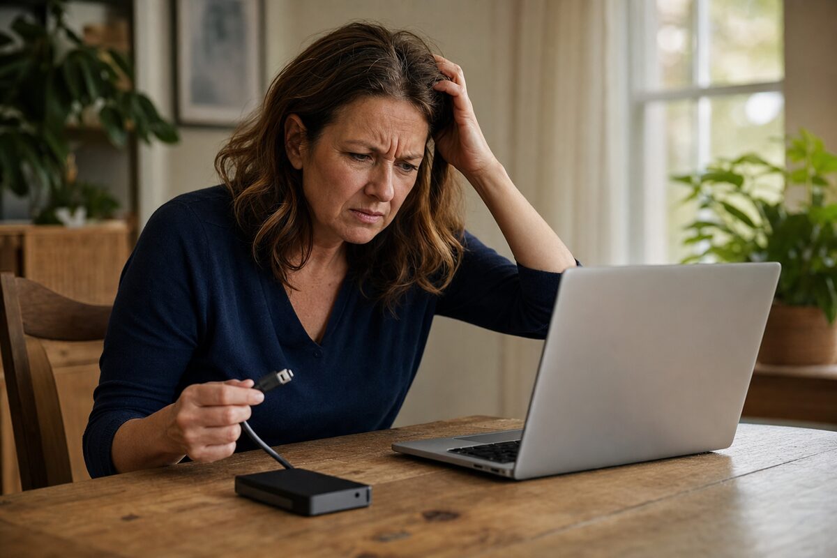 A person looking confused at a laptop screen showing an empty folder, warm natural light on a home desk