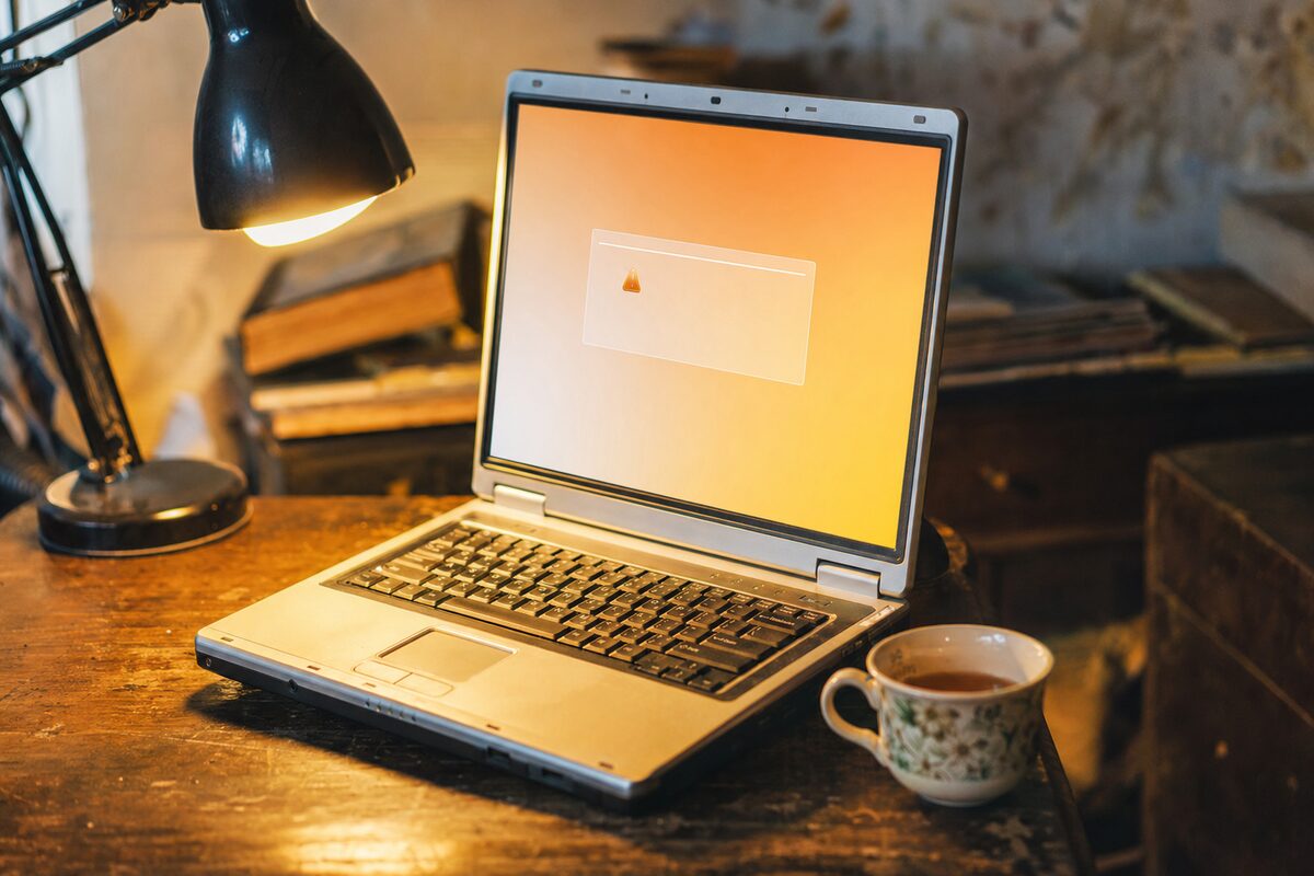 A cluttered desk with an older Windows laptop showing a low disk space warning, warm evening light from a desk lamp casting a glow across a cup of tea and scattered papers