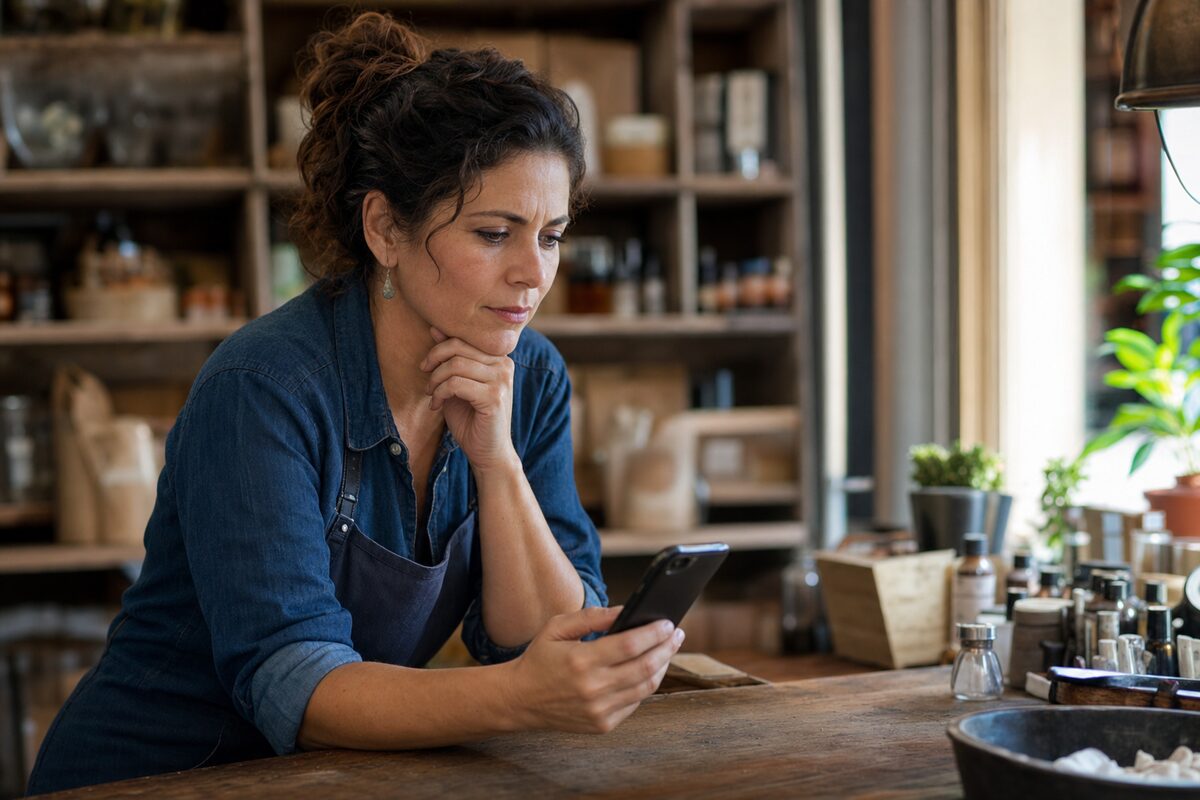 A small business owner looking thoughtfully at search results on a phone, sitting at a wooden desk in a quiet independent shop