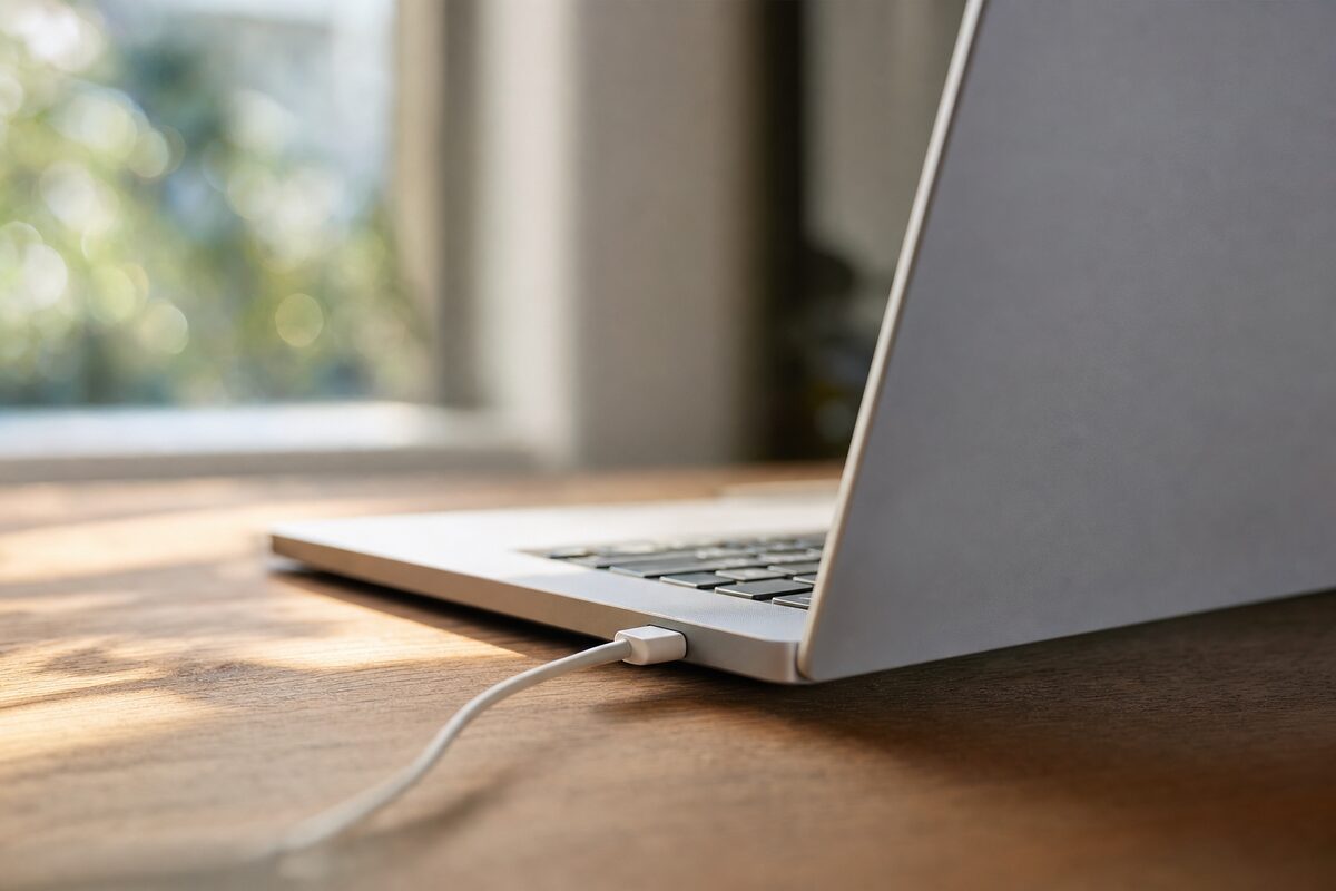 A laptop on a wooden desk with its charger plugged in, soft natural light from a nearby window highlighting the cable and charging port