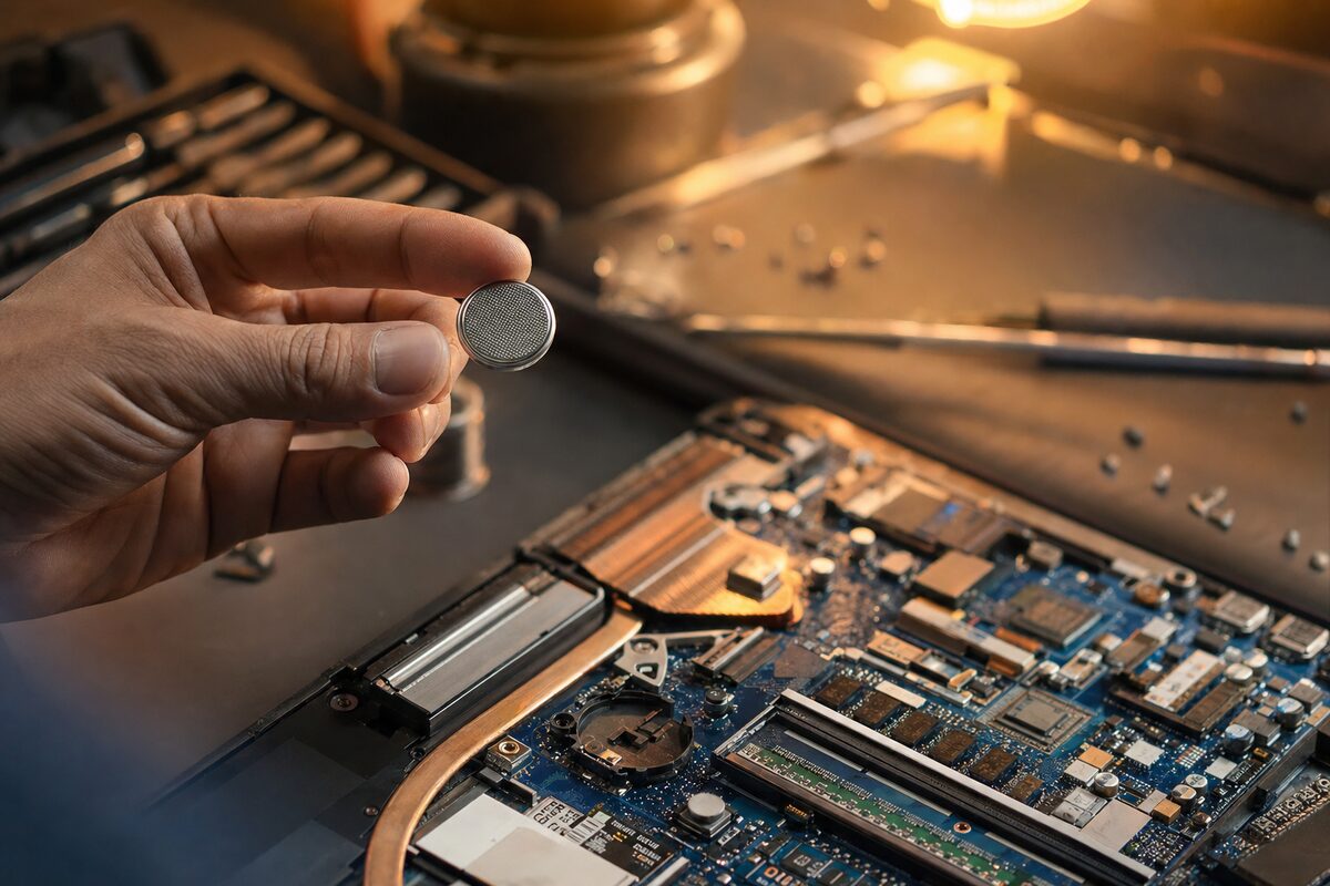 Close-up of a coin-cell CMOS battery being removed from a laptop motherboard on a repair workbench