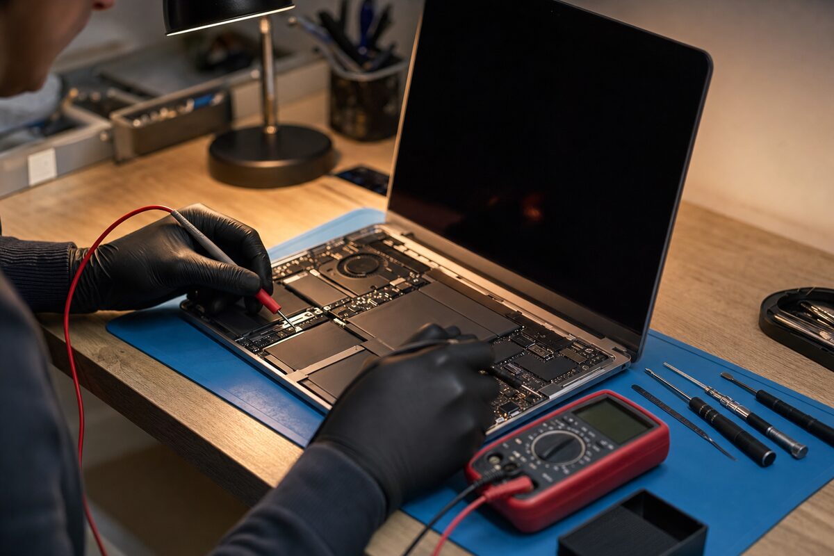 A laptop open on a repair workbench under bright task lighting, a multimeter probe resting near the charging port, tools laid out neatly alongside