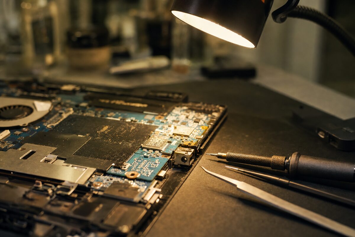 Close-up of a laptop charging port on a repair workbench, illuminated by a bright workshop lamp, with fine soldering tools nearby