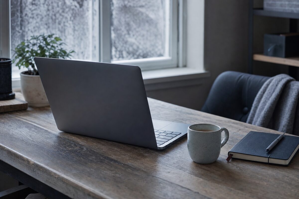 A laptop open on a wooden desk in a cold, dimly lit home office on a winter morning, frost visible on the window behind it