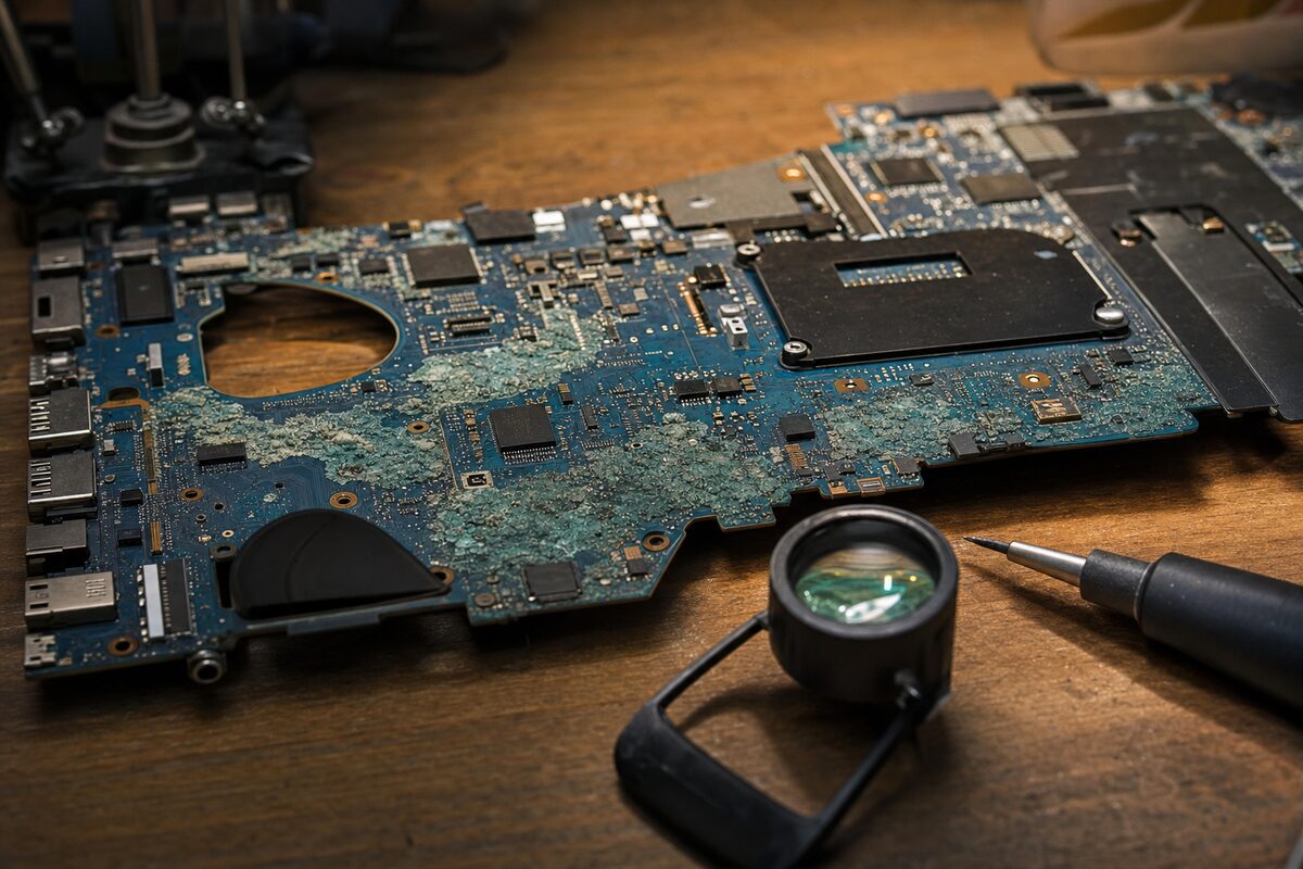Close-up of a laptop motherboard showing greenish corrosion damage around small electronic components, illuminated by a warm workshop lamp