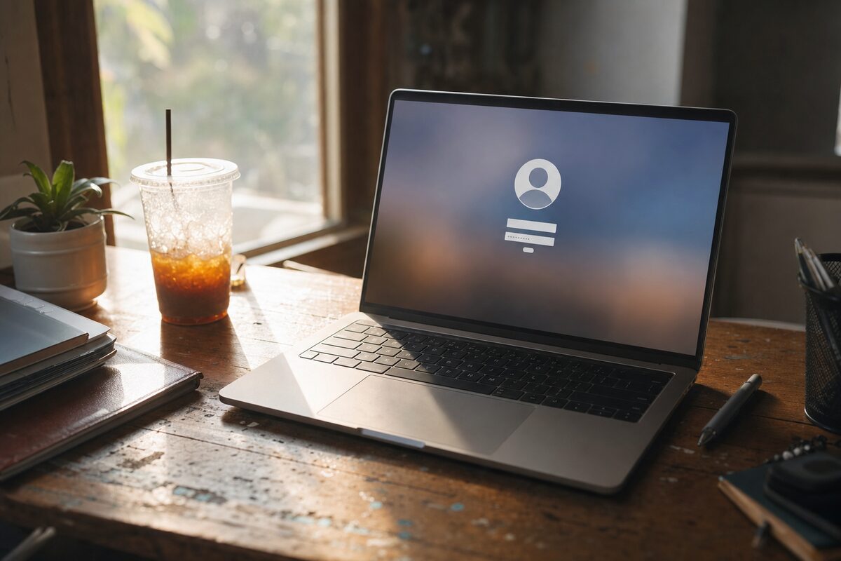 A laptop on a wooden desk showing a Windows login screen, soft morning light coming through a window behind it