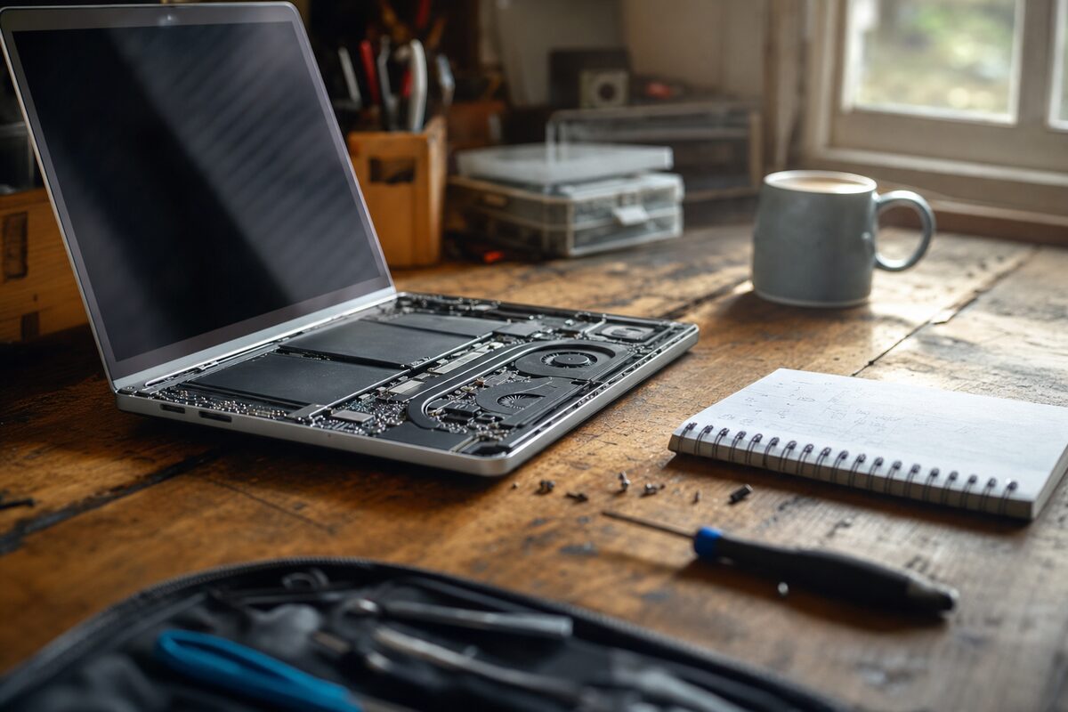 A laptop open on a wooden workbench next to a cup of tea, diagnostic notes written on paper nearby, warm morning light coming through a window